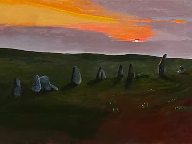 Oil painting of an ancient stone circle in a green field at sunset.