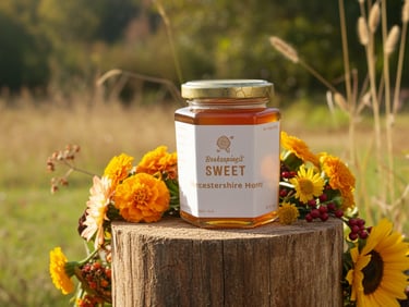 jar of honey in a field