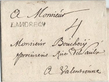 1717, lettre de LANDRECIES pour VALENCIENNES taxée à 4 patars.