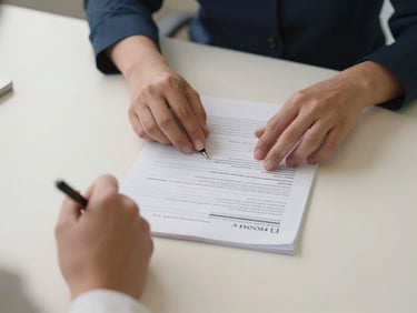 Clinical consultation desk viewed from a low angle, practitioner's hands open on a patient intake form with a pen resting beside it, clean overhead daylight, cream-toned surface, no faces