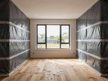 Straight-on architectural photography of a clean, organized residential construction site with heavy-duty plastic dust-barrier protection neatly taped, bright daylight, 35mm.
