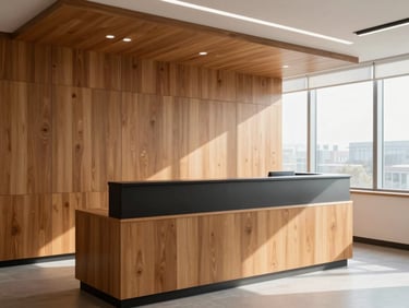 Architectural interior photography of a clean, structured commercial office reception area with warm wood paneling, bright daylight, 35mm
