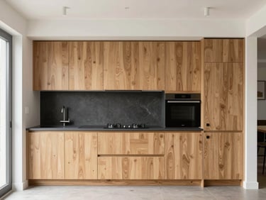 Architectural interior photography of a modern modular kitchen with millimeter-precise oak cabinetry, bright natural daylight, 35mm