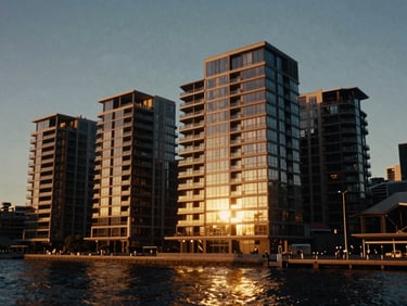 Cinematic architectural sweep of Sydney harbor waterfront luxury residential building at golden hour, dramatic reflections, anamorphic lens, 35mm look