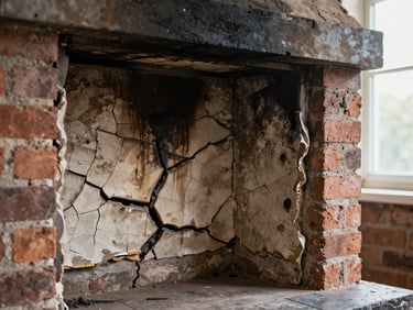 Close-up of a damaged brick firebox interior, cracked refractory panels and dark soot streaks visible under natural window light, emphasizing the fire hazard of deteriorated mortar joints