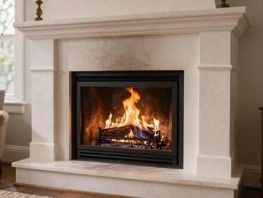 Installed gas log set burning inside a clean masonry fireplace, steady blue-orange flame visible against the firebox back wall, natural room light from the left side