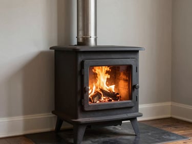 Cast iron wood stove with glass door showing burning fire inside, stainless steel chimney liner visible where it connects at the top, positioned in a corner of a South Carolina home under diffuse daylight