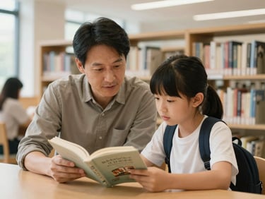 A warm, natural daylight shot of a mentor and a young student reading together in a bright, modern community library, shallow depth of field, 35mm lens