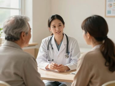 A warm, daylight-filled shot of a healthcare worker consulting with an elderly patient in a clean, welcoming community health center, soft focus, 35mm lens
