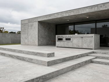 Wide-angle architectural shot of integrated concrete steps and a custom outdoor kitchen patio, clean sand-blasted concrete finishes, overcast daylight.