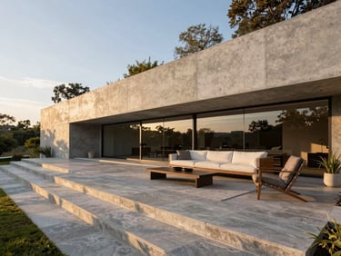 Wide-angle architectural elevation of a completed luxury outdoor living space, featuring a massive monolithic concrete retaining wall integrated with stone terraces at golden hour