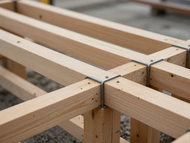 Extreme close-up of precise timber formwork before a concrete pour, perfectly aligned steel ties, sharp geometric lines under overcast daylight.