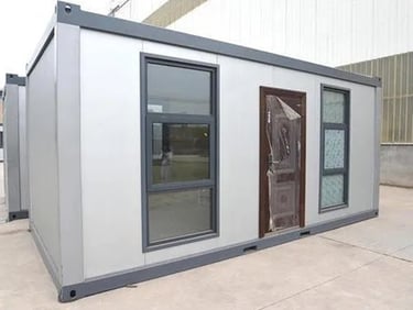 A prefabricated portable container office with modern glass windows and a secure brown door.