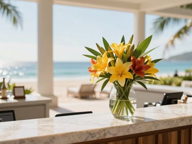 Bright, airy close-up of a luxury resort concierge desk with tropical flowers in a vase, warm sunlight streaming through high windows, ocean visible in the background.