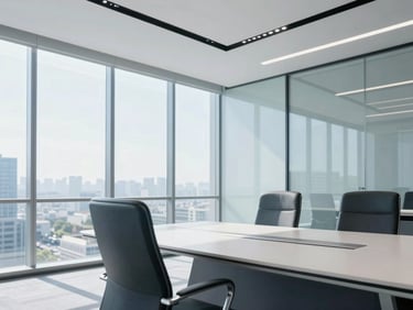 Modern corporate boardroom with glass walls, bright daylight, professional architectural lines, clean blue-toned environment