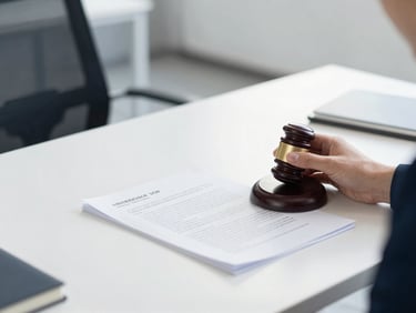 Professional legal consultation setting, clean desk with documents, bright natural lighting, modern corporate office interior