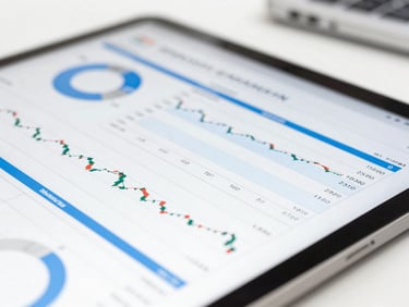 Close-up of financial spreadsheets and digital data analysis charts on a tablet, clean modern office background, bright natural light