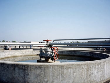 Wide-angle environmental shot of a concrete water treatment plant under high-contrast natural daylight, industrial valves and steel pipes visible, desaturated blue tones, 35mm photography.