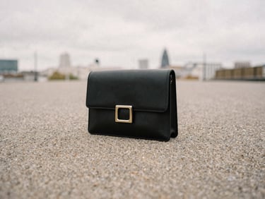 Editorial shot of a stylish accessory on a textured surface, natural overcast light, high contrast.