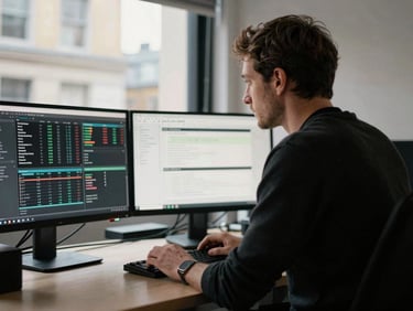 Behind-the-scenes shot of a strategist analyzing data on a monitor in a modern Covent Garden studio, soft shadows, high contrast, 35mm film grain.