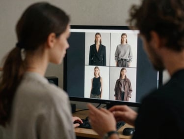 Behind-the-scenes shot of a fashion photoshoot, model in soft focus, creative director reviewing shots on monitor, moody London light, shallow depth of field, 35mm film grain.