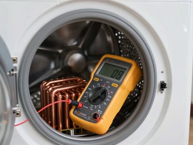 Macro shot of a digital multimeter testing a copper heating element on a modern washing machine, bright natural workshop lighting, technical focus.