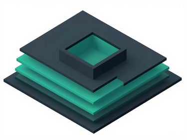 Structured 3D render of clean overlapping data layers, high-contrast studio light, deep charcoal and teal tones.