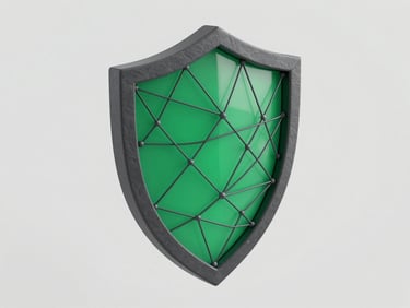 Abstract 3D render of a protective network shield grid, sharp isometric angle, cool slate gray and emerald tones.