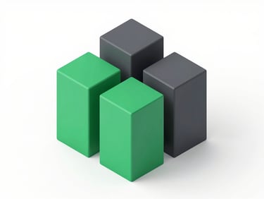 Isometric 3D render of abstract geometric data structures, crisp studio light, deep charcoal and emerald tones.