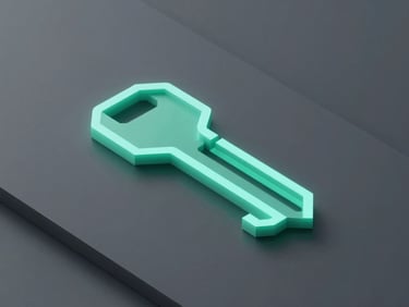 Minimalist 3D render of glowing digital key structures, sharp geometric lines, cool slate gray and emerald tones.