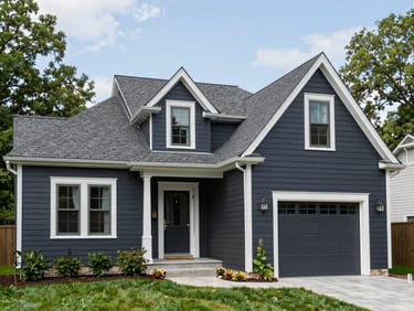 Wide architectural shot of a lakeside Wayzata home, featuring charcoal James Hardie siding and a new premium asphalt shingle roof, soft golden hour lighting, 35mm.
