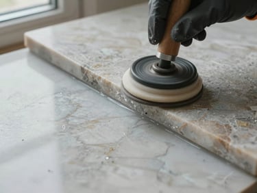 Extreme close-up of a marble floor surface being crystallized — a gloved hand holding a rotary pad applicator, before-treatment dull stone visible at the top edge, treated glossy stone emerging at the bottom edge, cool daylight from a side window, documentary overhead angle