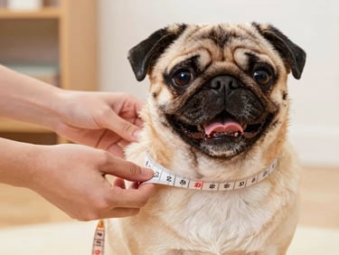 Close-up of hands measuring the chest of a happy pug dog with a soft measuring tape, warm indoor lighting, 35mm