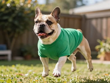 Playful French bulldog wearing a vibrant emerald green t-shirt, jumping happily in a sunny backyard, eye-level, warm daylight