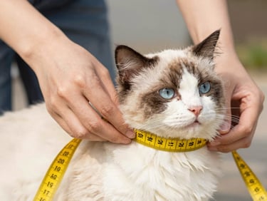 Close-up of human hands gently wrapping a yellow measuring tape around a fluffy cat's neck, bright natural light, warm atmosphere