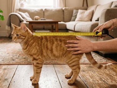 Gato amarillo con rayas, manos humanas con cinta métrica le miden desde la base del cuello hasta el inicio de la cola