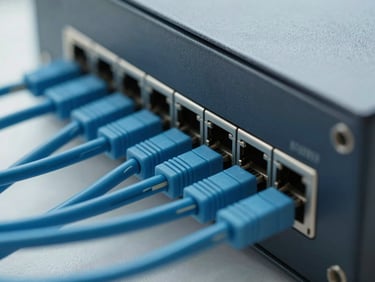 Tight macro shot of organized network hardware, clean blue cabling, soft cool daylight, 35mm