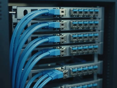 Close-up of a clean server rack with organized blue ethernet cabling, cool soft daylight, low-saturation ocean blue tones, sharp focus, 35mm