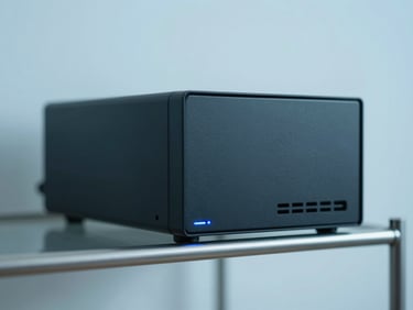 A sleek, black firewall appliance mounted in a clean metal rack, subtle blue status lights, 35mm