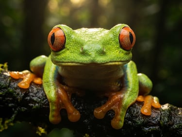 Extreme close-up of a neon green tree frog staring directly into the lens, dramatic natural backlighting, rich saturated colors, 35mm lens
