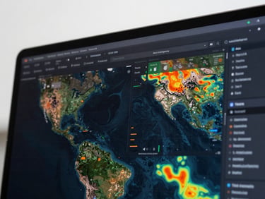 A close-up screenshot of the Aera Intelligence software platform, showing interactive geographic heatmaps of particulate distribution, dark mode interface, sharp telemetry lines