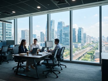 Bright natural daylight in a modern Singapore office overlooking the Paya Lebar business district, clean glass facade, professional cool slate tones, 35mm