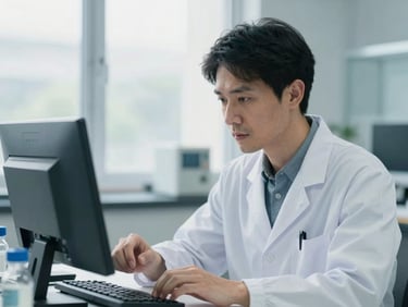 A professional portrait of an engineering researcher analyzing data, soft natural daylight, cool blue tones, shallow depth of field, 35mm