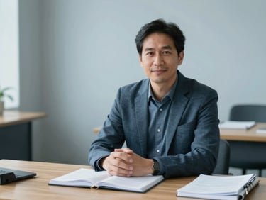 A professional portrait of a social science academic at a wooden desk with journals, soft natural daylight, cool blue tones, shallow depth of field, 35mm