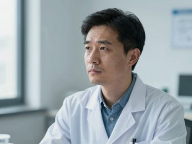 A professional portrait of a clinical researcher in thought, soft natural daylight, cool blue tones, shallow depth of field, 35mm