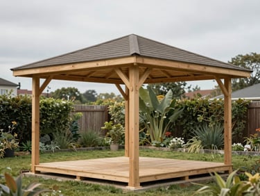 Close documentary shot of a finished square wooden gazebo 3x3 m standing in a real garden, overcast daylight, corner joinery and roof ridge visible, timber grain readable, no people