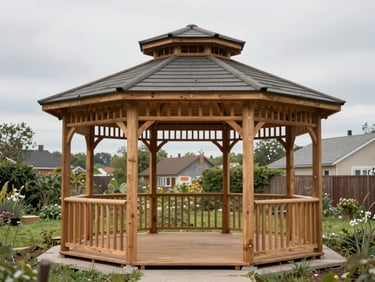 Wide documentary photograph of a finished hexagonal wooden gazebo in a suburban Polish garden, overcast flat daylight, full structure visible showing six-sided roof and numbered joint connectors, no people