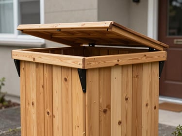 Wooden garbage bin enclosure with hinged lid, standing next to a residential building entrance, overcast daylight, clean timber finish visible