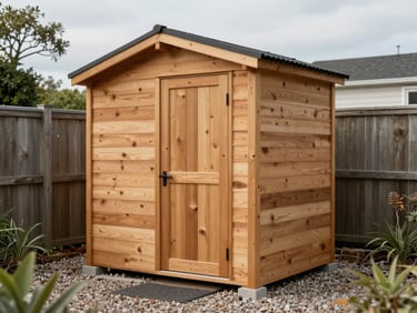 Small pine tool shed 1.5 by 2 metres standing on gravel against a garden fence, overcast daylight, front door visible, timber cladding detail clear