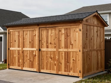 Large pine tool shed 4 by 6 metres beside a residential garage, overcast daylight, wide double doors, timber frame joints visible at corners, no people